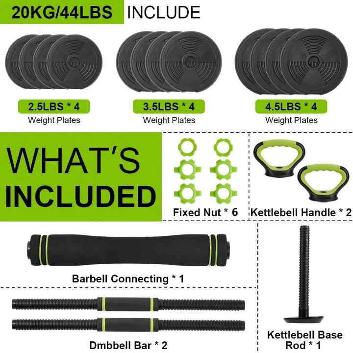 Adjustable Dumbbell Set 4-in-1 – 44/66/88 lb Weights, Barbell & Kettlebell Converter | Own Your Glow