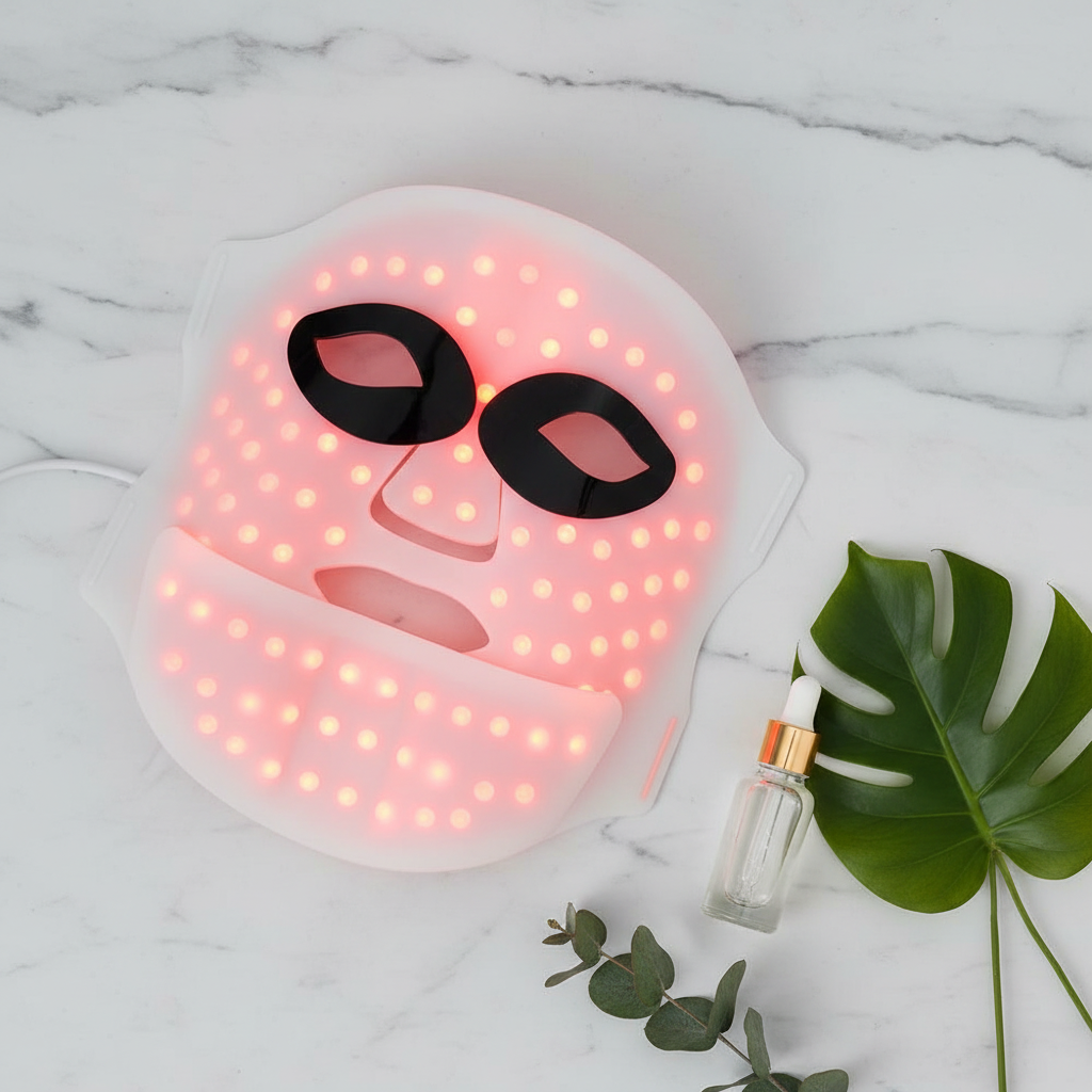 Flexible Silicone LED Light Therapy Mask on marble surface with botanical props