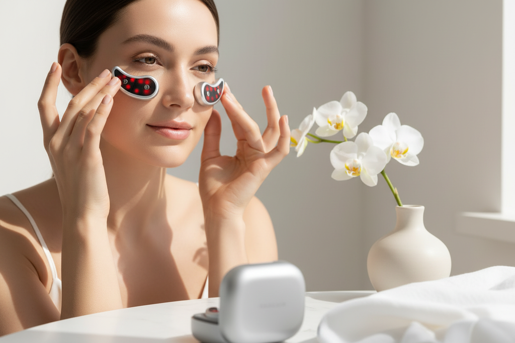 Woman applying microcurrent eye massager pods under eyes looking refreshed
