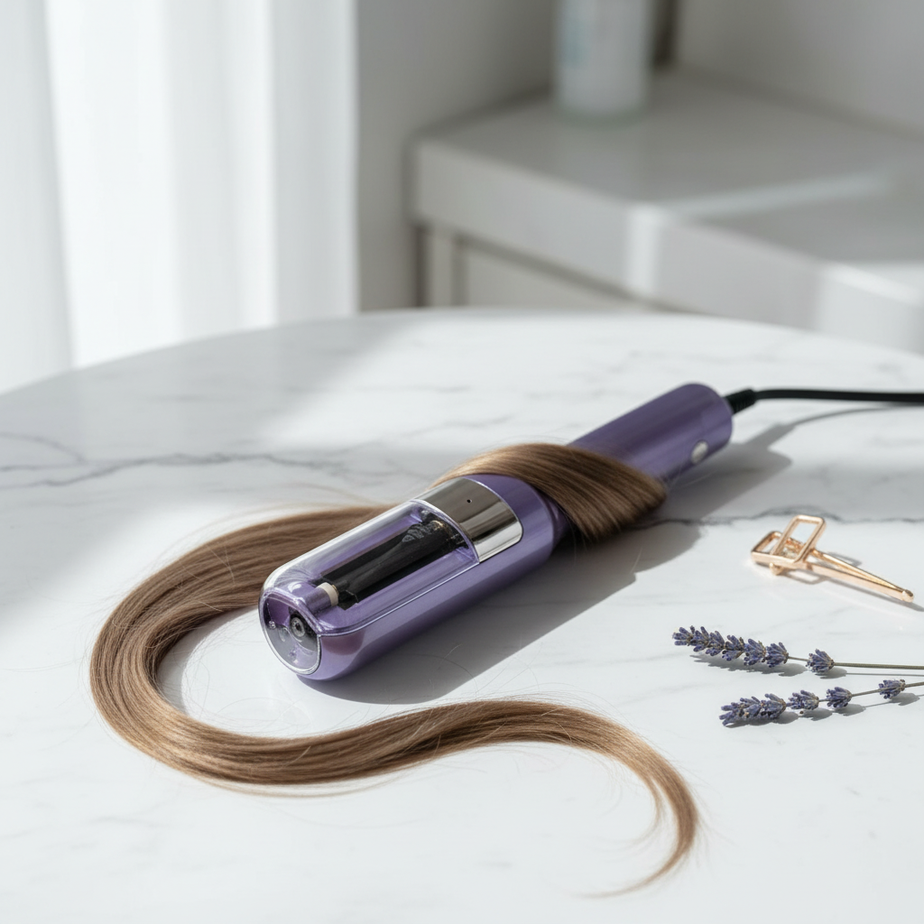 Purple electric split end hair trimmer on marble surface with lavender and hair clip